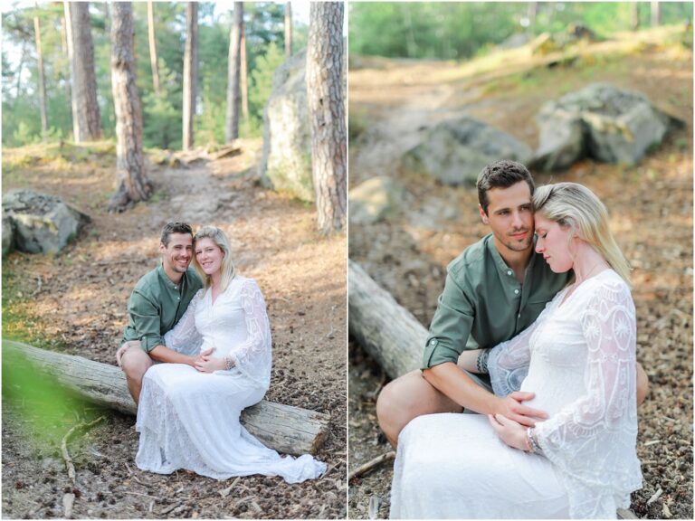 couple assis sur une tronc d'arbre