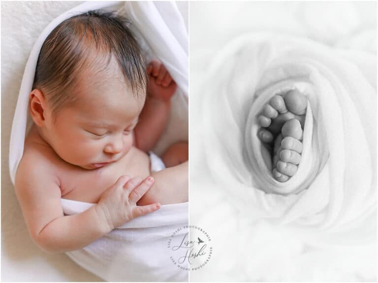portrait de nouveau-né et pieds de bébé à moret